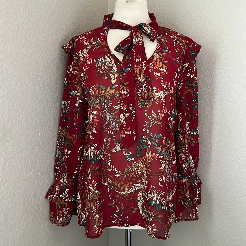 Jodifl Maroon Floral Tie Neck Top With Bell Sleeves